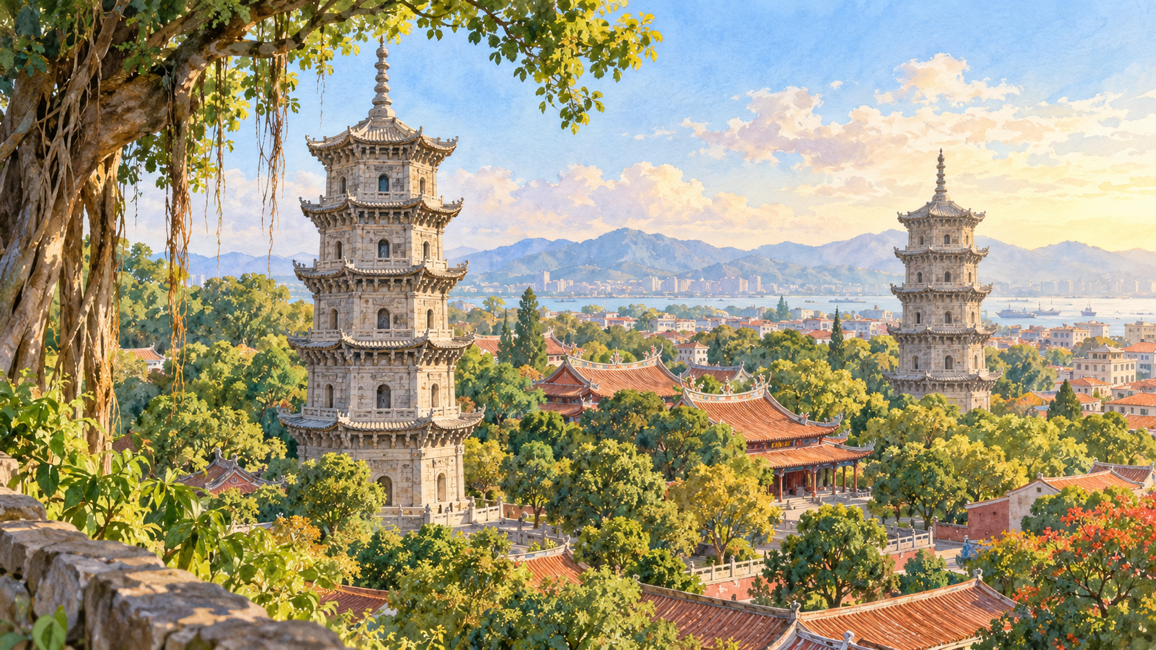 泉州开元寺双塔水彩风景插画